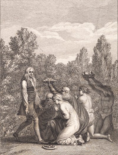 Niels Klim es honrado por los Qvamitas, que le traen regalos y se arrodillan ante él de J.F. Clemens