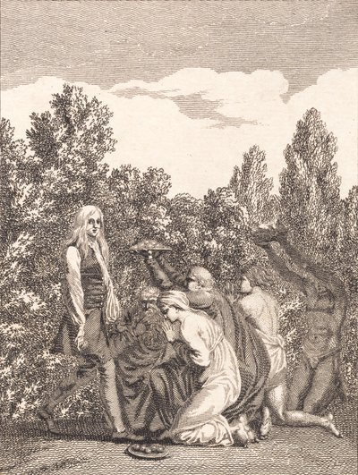 Niels Klim es honrado por los Qvamiterne, que le traen regalos y se arrodillan ante él de J.F. Clemens
