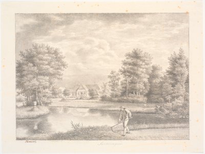 El jardín de Sanderumgaard con casa. En primer plano, hombre con guadaña de J.F. Clemens
