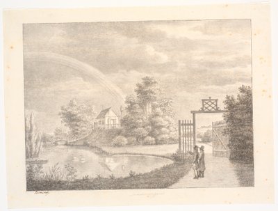 Jardines de Sanderumgaard con arco iris. En primer plano dos hombres junto a una puerta de J.F. Clemens