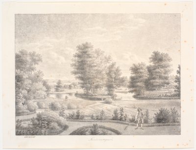 El jardín de Sanderumgaard con isla arbolada. En primer plano, hombre con rastrillo de J.F. Clemens