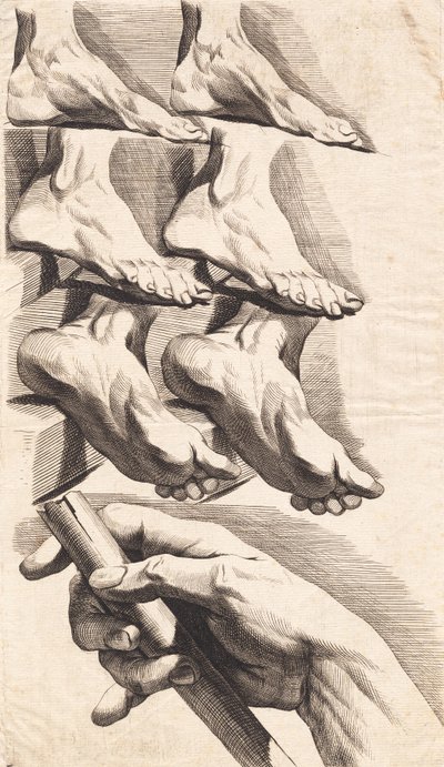 Hoja de estudio de pies y una mano sosteniendo un bastón de J.F. Clemens