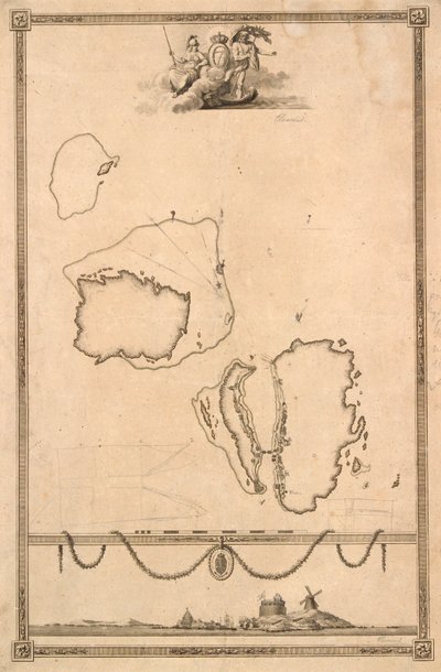 Vigneta de título y prospecto para el mapa de Christiansø de J.F. Clemens