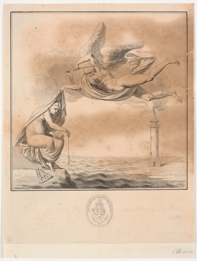 Boceto para el grabado del título de la guía de navegación de P. Løvenørn para el Kattegat de J.F. Clemens