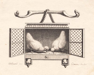 Vignet fremstillende to høns, der pikker korn op de J.F. Clemens