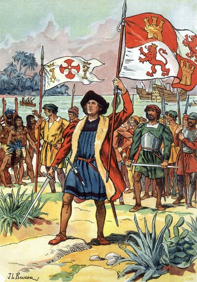 1492: Cristóbal Colón llega a América con bandera española de J.L Beuzon (fl.1880 1940)