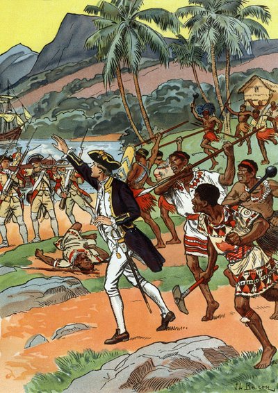 La muerte de James Cook, asesinada por los lugareños en Hawai de J.L Beuzon (fl.1880 1940)