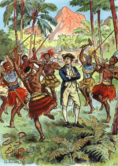 James Cook (1728-1779) y los habitantes de Hawai de J.L Beuzon (fl.1880 1940)