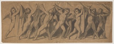 Boceto para el telón del Teatro Real; putti corriendo la cortina de J.L. Lund