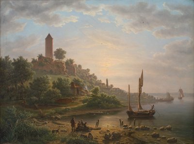 La costa en Vordingborg con la Torre del Ganso en una mañana temprana de J.P. Møller