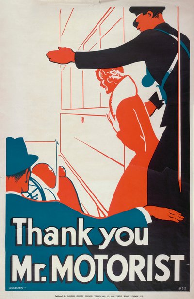 Gracias Sr. Automovilista, cartel de tranvías del Consejo del Condado de Londres, 1933 de JS Anderson