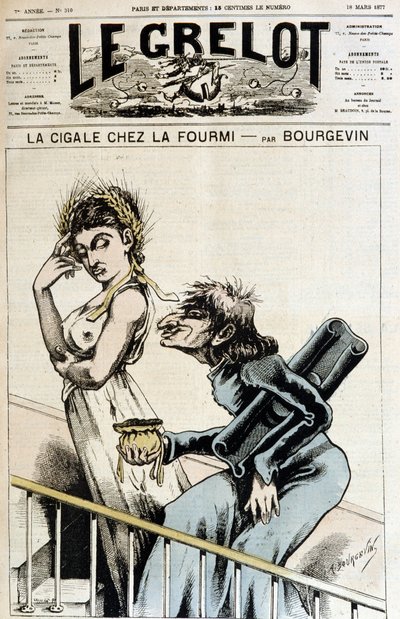 La cigarra en casa de la hormiga - Caricatura anticlerical de un jesuita sosteniendo una bolsa abierta que tiende a una mujer inmoral, con una corona de espigas de trigo, que hace un gesto de desdén - Ilustración de A. Bourgevin (o J. Blasset o Albert Doua de J.  Blass