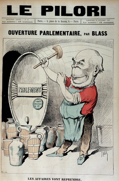 Apertura del Parlamento: los negocios se reanudarán (Caricatura sobre el escándalo de las decoraciones que involucra a Daniel Wilson y Jules Grevy) - Ilustración de J. Blas (Albert Douat) (1847-1892). en 