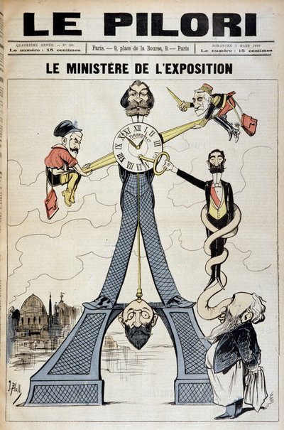 El Ministro de Exposición (caricatura sobre escándalos financieros a finales del siglo XIX y la Torre Eiffel). Ilustración de J. Blass (Albert Douat) (1847-1892). Portada de "Le Pilori" del 3 de marzo de J.  Blass
