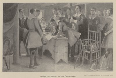 Firma del pacto en el "Mayflower" (litografía) de J. (after) Steeple Davis