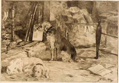 Perros en la chimenea nº 1 de J. Alden Weir