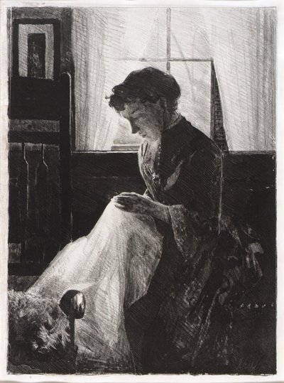 Retrato de perfil de una mujer cosiendo de J. Alden Weir