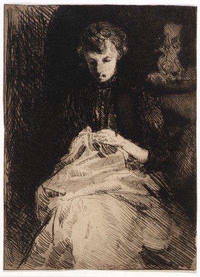 Mujer sentada cosiendo de J. Alden Weir