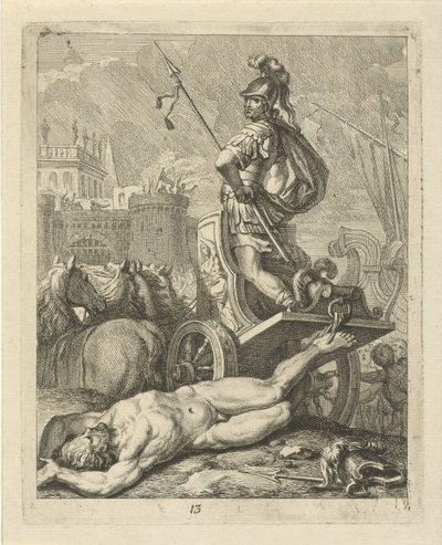 Aquiles con el cadáver de Héctor detrás de su carro. Escenas de la vida de Aquiles (título de la serie) Vitam et mortem achilli (título de la serie) de J. Alexander Janssens