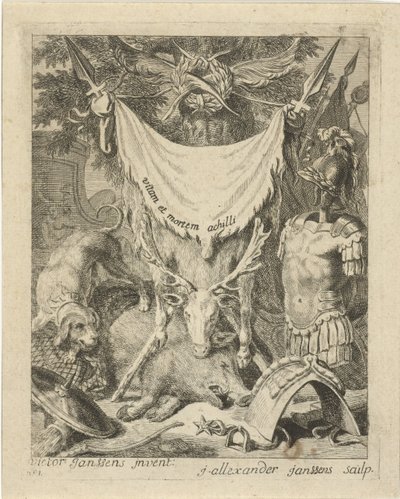 Impresión de título para una serie con escenas de la vida de Aquiles Escenas de la vida de Aquiles (título de la serie) Vitam et mortem achilli (título de la serie sobre el objeto) de J. Alexander Janssens