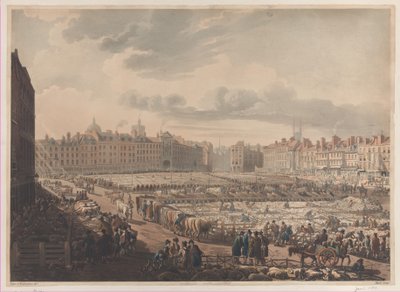 Vista aérea del mercado de Smithfield, tomada desde el Bear & Ragged Staff, 1 de enero de 1811 de J. Bluck