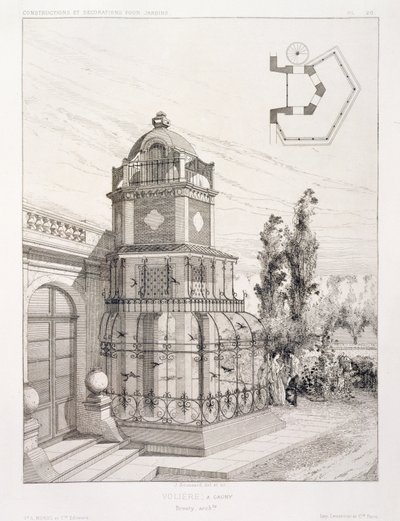 Aviario para pájaros cantores, de un volumen de diseños de varios arquitectos, pub. Morel & Cie, París de J. Boussard