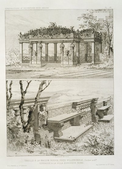 Pérgola de La Maison Rouge cerca de Villemomble, diseñada por Cordier, y terraza de la Villa Borghese, Roma de J. Boussard