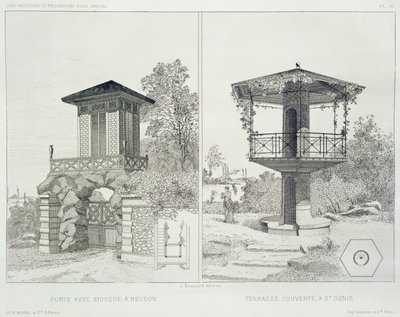 Portal con quiosco, Meudon, y terraza cubierta, St. Denis, de un volumen de diseños de varios arquitectos, pub. Morel & Cie, París, c.1880 de J. Boussard