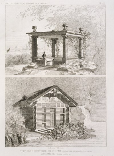 Terraza cubierta con cemento y cenador diseñado por Danjoy de J. Boussard