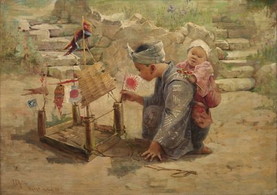 Niño japonés construyendo un barco de guerra de J. C. Arter