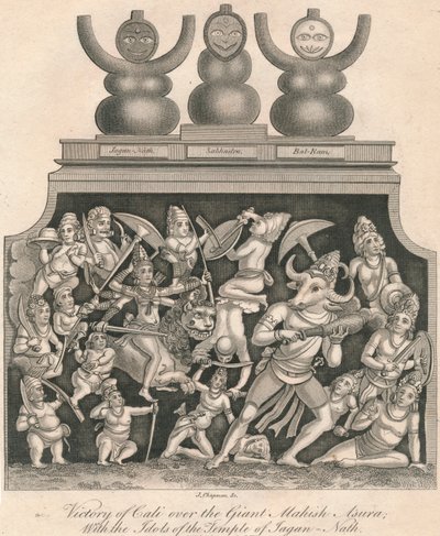 Victoria de Cali sobre el Gigante Mahish Asura, con los ídolos del Templo de Jagan-Nath, 1809 de J. Chapman