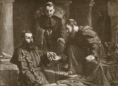 Escondiendo tesoro en la supresión de un monasterio, ilustración de La Iglesia de Inglaterra: Una Historia para el Pueblo por H.D.M. Spence-Jones, pub. c.1910 litografía sepia de J. Cooke