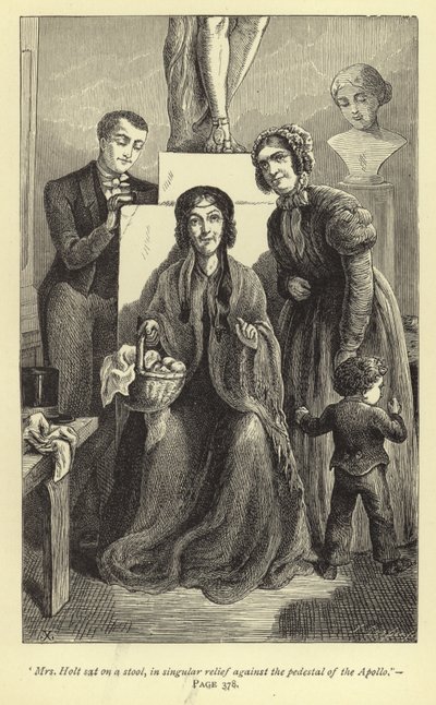 La Sra. Holt sentada en un taburete, en singular relieve contra el pedestal del Apolo de J. Cooper