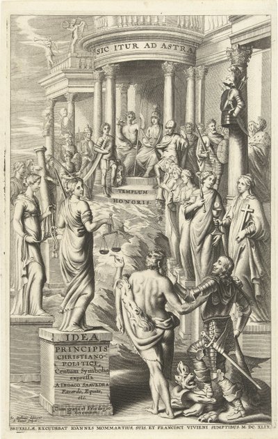 Hércules lleva al hombre más allá de las personificaciones de las virtudes al templo de la fama eterna Página de título para: Idea principis christiano-politica, Centum Symbolis expressa, Bruselas 1649 (título sobre objeto) de J. Danoot