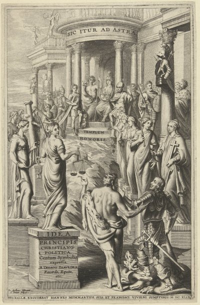 Hércules lleva al hombre más allá de las personificaciones de las virtudes al templo de la fama eterna Página de título para: Idea principis christiano-politica, Centum Symbolis expressa, Bruselas 1649 de J. Danoot