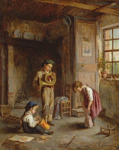 Niños con trompa francesa y tambor, siglo XIX de J. Devaux
