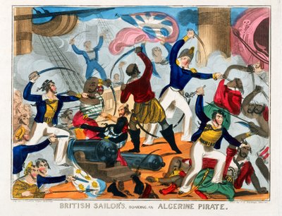 Marineros británicos abordando un barco pirata argelino (grabado coloreado) de J. Fairburn