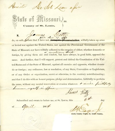 Juramento de lealtad de James Getty de Missouri, Condado de St. Louis de J. Getty