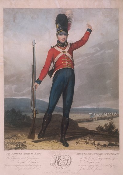 Figura militar con el uniforme del primer regimiento de Voluntarios Leales de Londres, 1797 de J Green