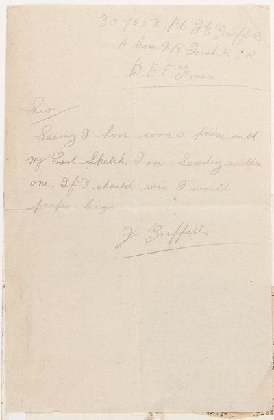 Carta al editor del concurso del Liverpool Weekly Courier, 1917 de J. Griffiths