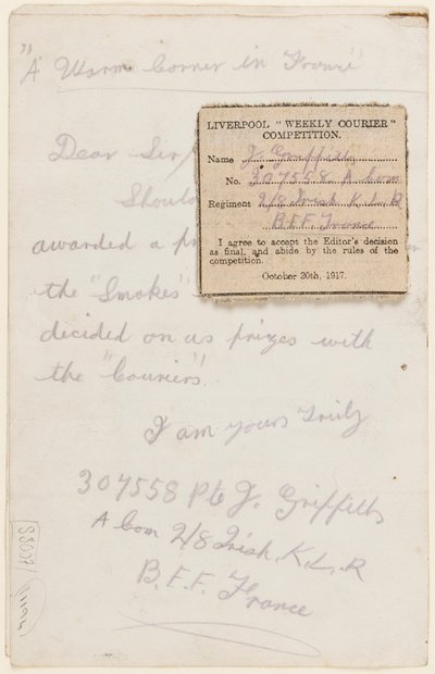 Carta al editor del concurso del Liverpool Weekly Courier, 1917 de J. Griffiths