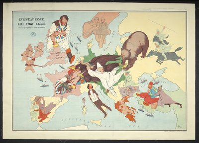 Mapa de dibujos animados del área de guerra europea titulado 