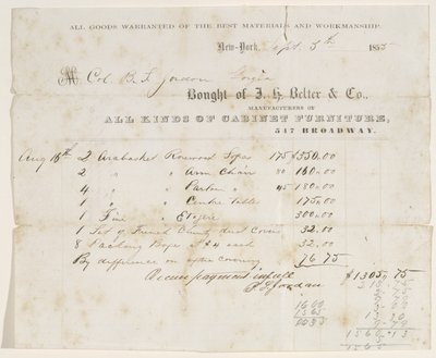 Factura de venta al Coronel B. S. Jordan, 5 de septiembre de 1855 de J. H. Belter and Co. J. H. Belter and Co.