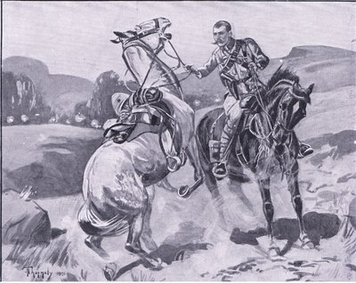El mayor Brown, 14º de Húsares, sosteniendo el caballo del teniente Brown bajo fuego intenso (ilustración de After Pretoria: The Guerilla War, 1902) de J. H. Thorneley