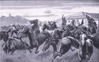 Bóers saqueando el Depósito de Remonta en Braamfontein, de Después de Pretoria: La Guerra de Guerrillas publicado por Harmsworth Bros Limited, 1901 de J. H. Thornely