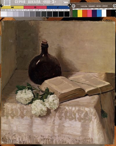 "Naturaleza muerta con un libro" (Nature morte de flacon, livre ouvert et fleurs blanches) Pintura de Johannes Hansch (1875-1946) Dim. 45 x 41,5 cm Museo de Bellas Artes Mikalojus Konstantinas Ciurlionis, Kaunas, Lituania de J. Hansch