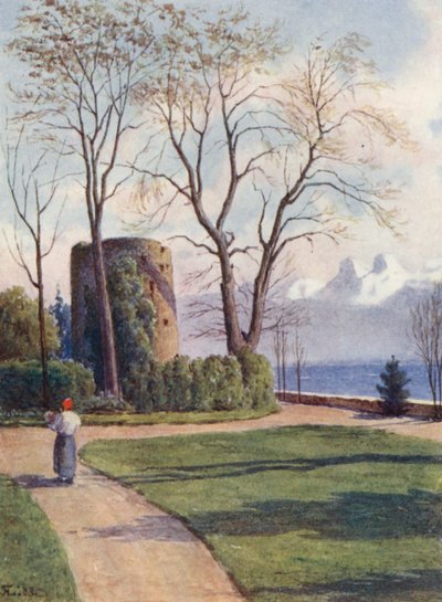 Torre Haldimand, Quchy, Lausana (litografía en color) de J. Hardwicke Lewis