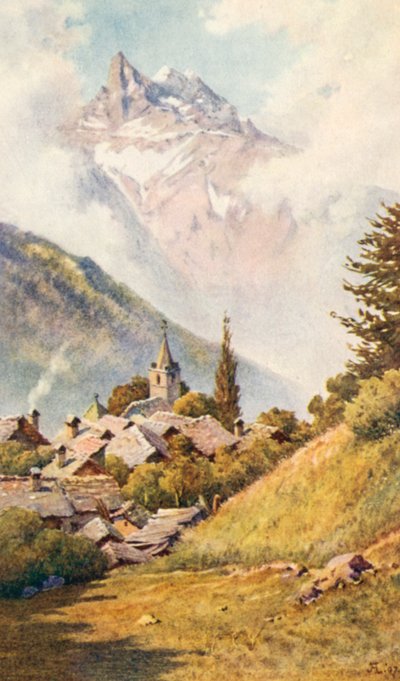 Los Dents du Midi desde Gryon, por encima de Bex, JHL (litografía en color) de J. Hardwicke Lewis
