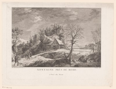 Vista de una casa cerca de un puente con figuras. Montagne près de Rome (título sobre objeto) de J. Hémery
