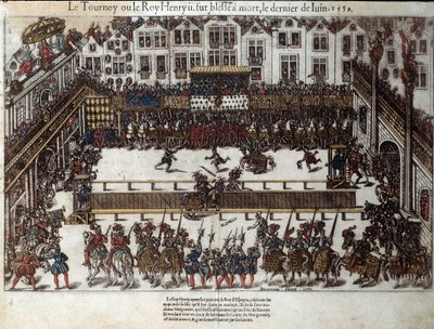 Torneo y muerte de Enrique II (30 de junio de 1559): en la boda de su hija (actualmente Place des Vosges) luchó contra Gabriel de Montgomery, capitán de su Guardia Escocesa, quien lo hirió con una lanza en el ojo. Grabado del siglo XVI por Pe. de J. J. and Tortorel J. (fl.1568 92) Perrissin